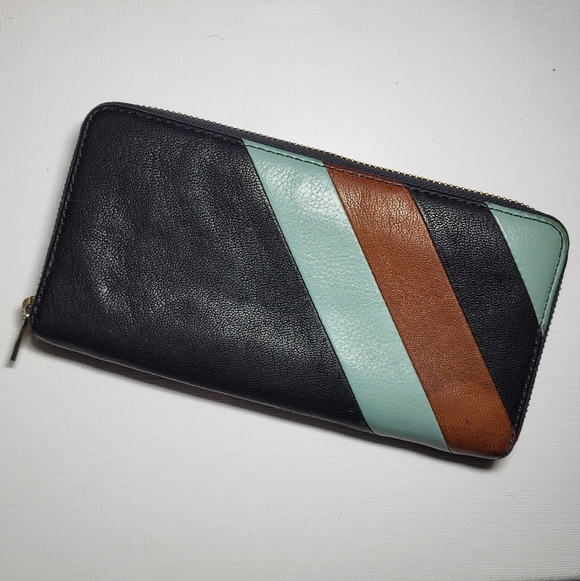 Fossil Handbags - FOSSIL Zip-Around, Striped Leather Wallet With Black, Brown, And Mint Green